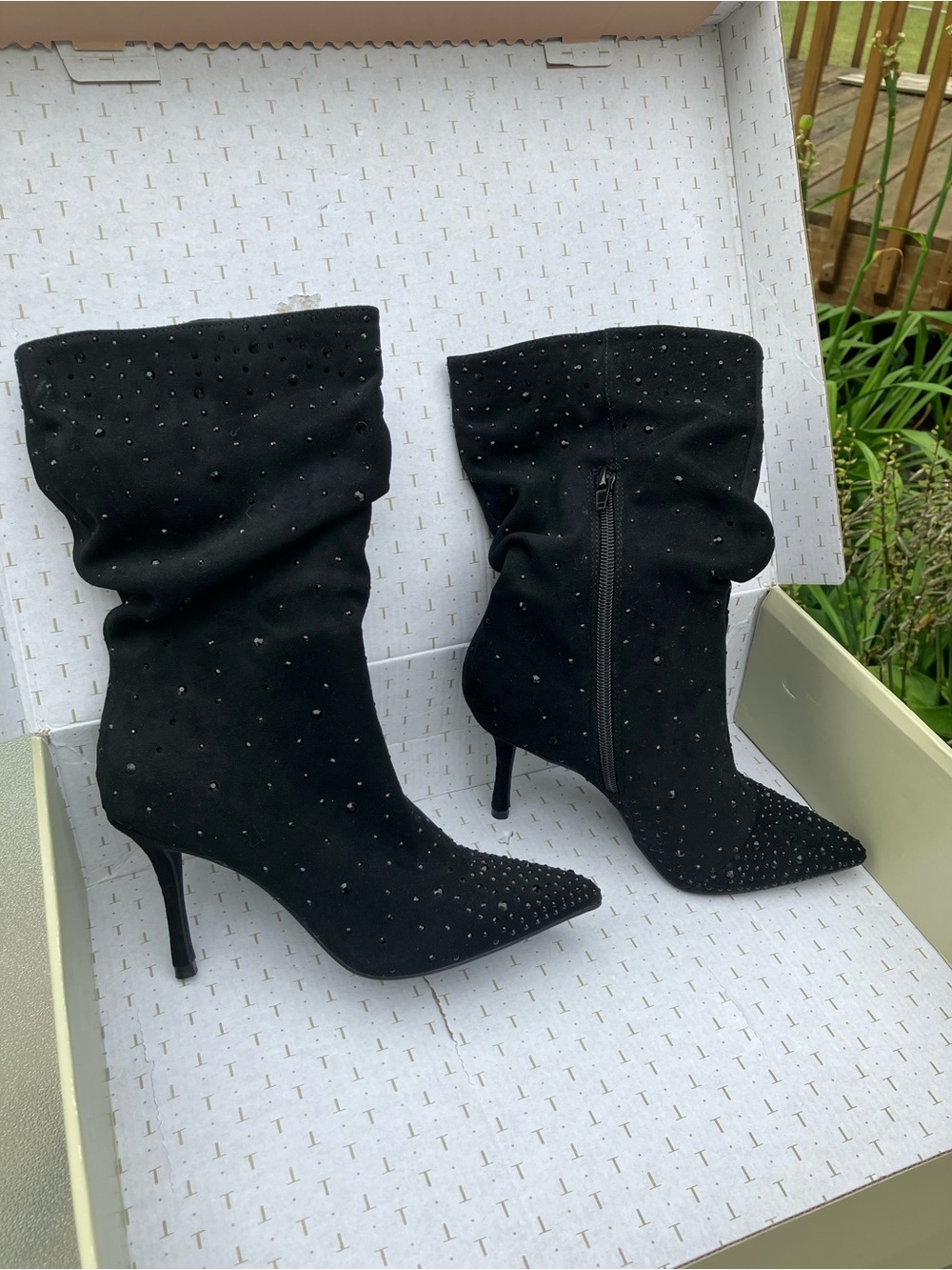 Thalia Sodi Black Crystal-Studded Pointed Toe Heeled Boots - Picture 3 of 5
